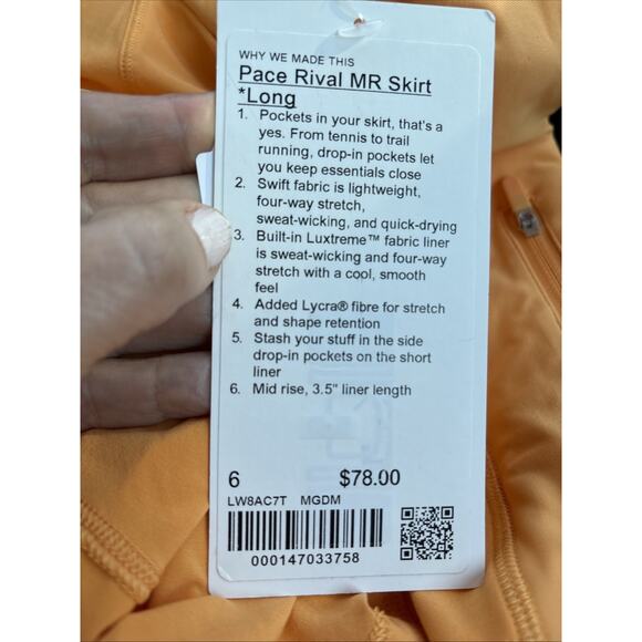 New Lululemon Pace Rival Mid-Rise Skirt *Long Size 6 Mango Dream - LW8AC7T MGDM - Picture 7 of 8